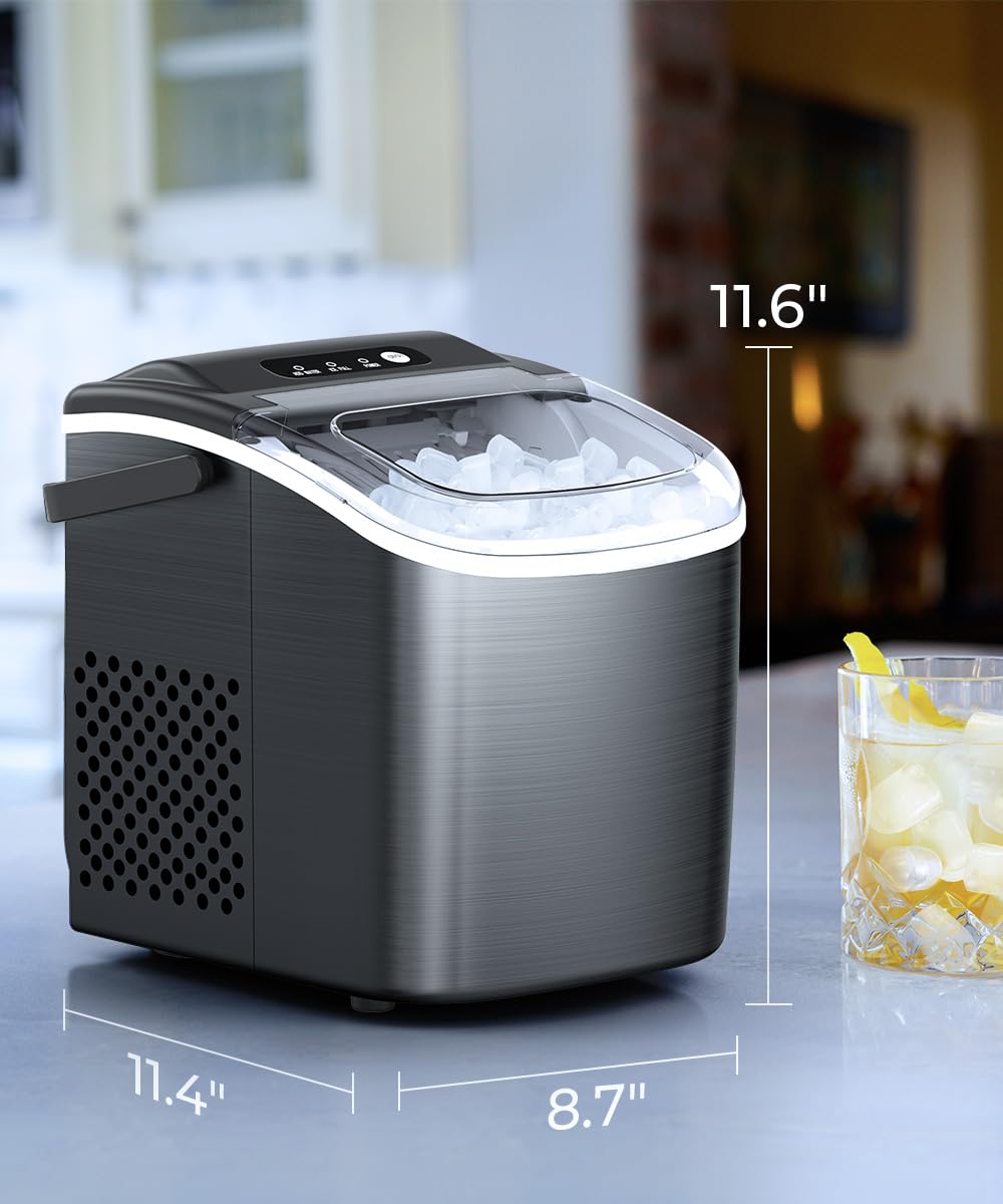 COWSAR Ice Maker Countertop, Stainless Steel Portable Ice Maker Machine with Self-Cleaning, 26.5lbs/24Hrs, 6 Mins/9 Pcs Bullet Ice, Perfectly for Home Use, Gift