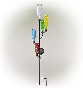 Alpine Corporation 37" Tall Outdoor Solar Glass Bottle Tree Stake LED Pathway Lights