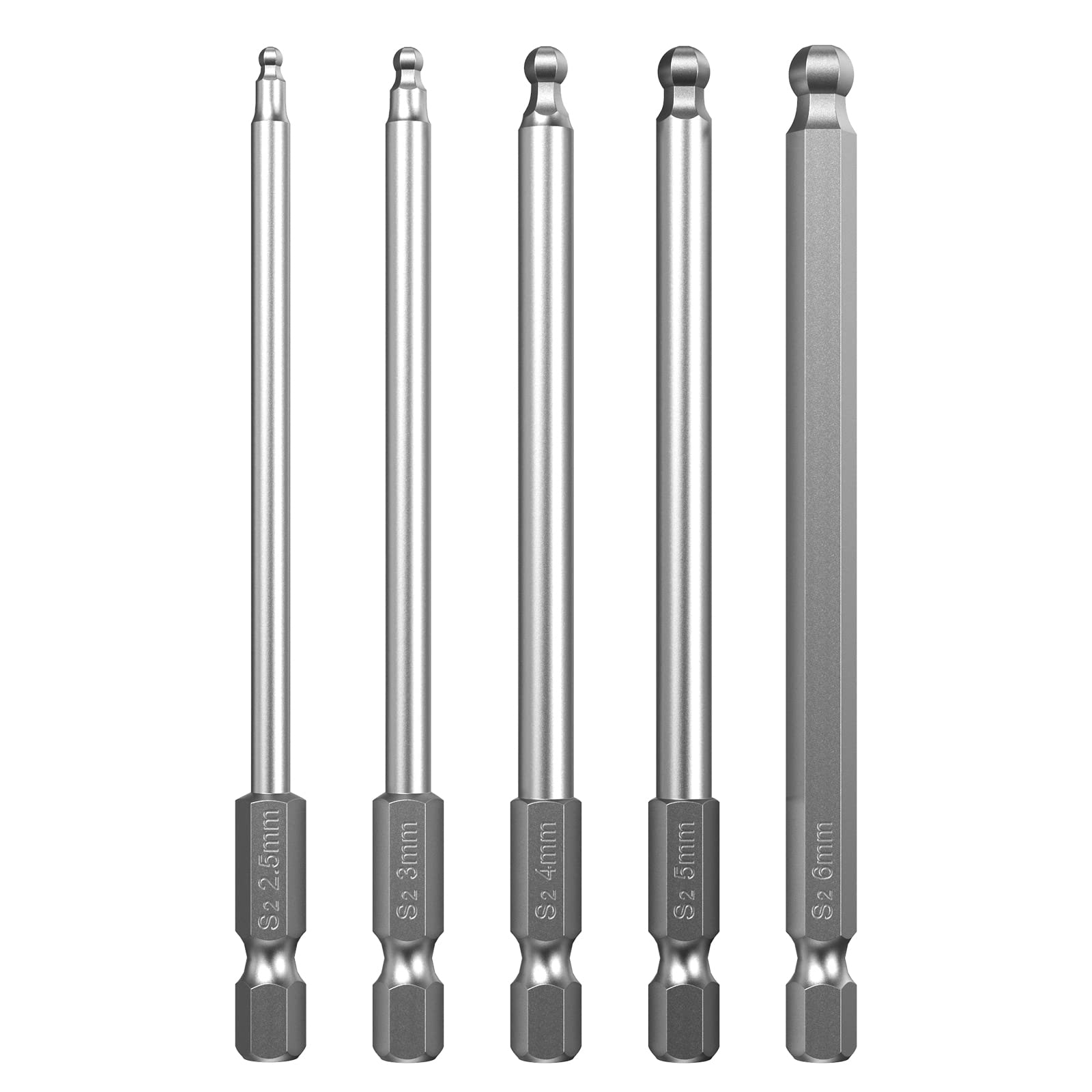 OUNONA Magnetic Ball Screwdriver Bits Ball End Hexagon Head Hex Set 2.5mm 3mm 4mm 5mm 6mm Screwdriver Bar Bits 100mm - 5 Pcs