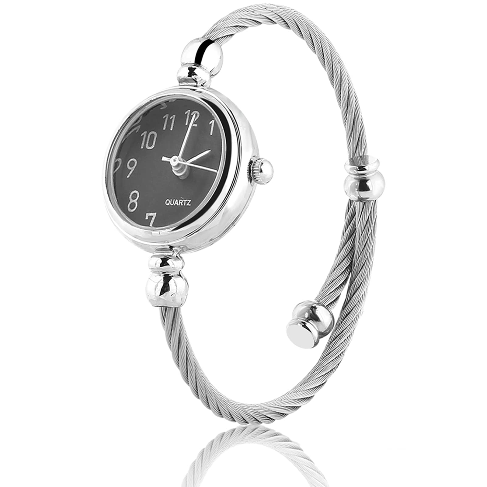 YUYTE Women Quartz Watches, Watch and Bracelet Set for Women, Female Analog Round Alloy Strap Open Bracelet Wristwatch for Ladies and Girls with Small Wrists