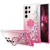 WORLDMOM for Galaxy S23 Ultra Case,Bling Moving Liquid Floating Sparkle Colorful Glitter Waterfall TPU Protective Case with Rotation Ring Kickstand for S23 Ultra [6.8 inch 2023], Pink