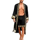 ChiaoLezhee Men's Luxury Silky Robe & Shorts Set, 2PC Lightweight Satin Pajamas with Pockets, Opulent Baroque Kimono Gifts