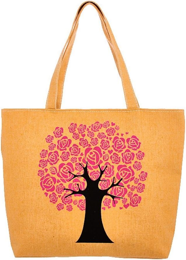 Tree of Life Flowers Print Fashion Tote Bag with Zipper (Pink)