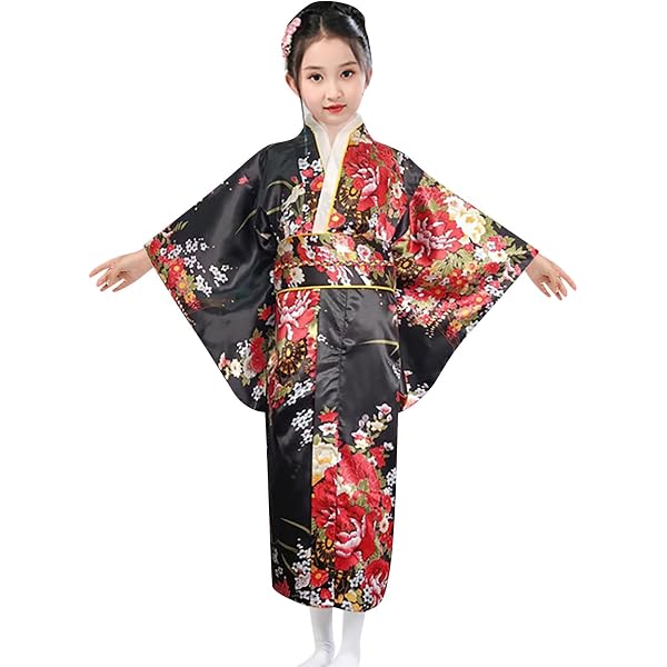 Kimono Japonais Enfant Fille - Costume Yukata Geisha Avec Accessoires (masque, éventail, Chaussettes) - Taille 130 à 150 Cm