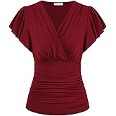 GRACE KARIN 2025 Womens Tops Summer Wrap Blouse V Neck Ruffle Sleeve Dressy Casual Top Ruched Trendy Clothes