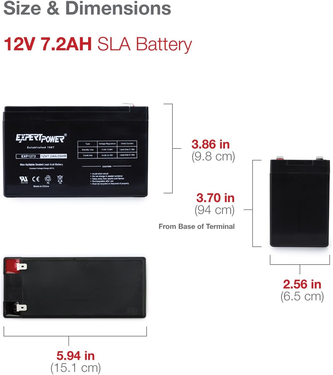 ExpertPower 12V 7.2AH Sealed Lead Acid (SLA) Rechargeable Battery for Security Alarm System With F2 Terminals || EXP1272: Automotive
