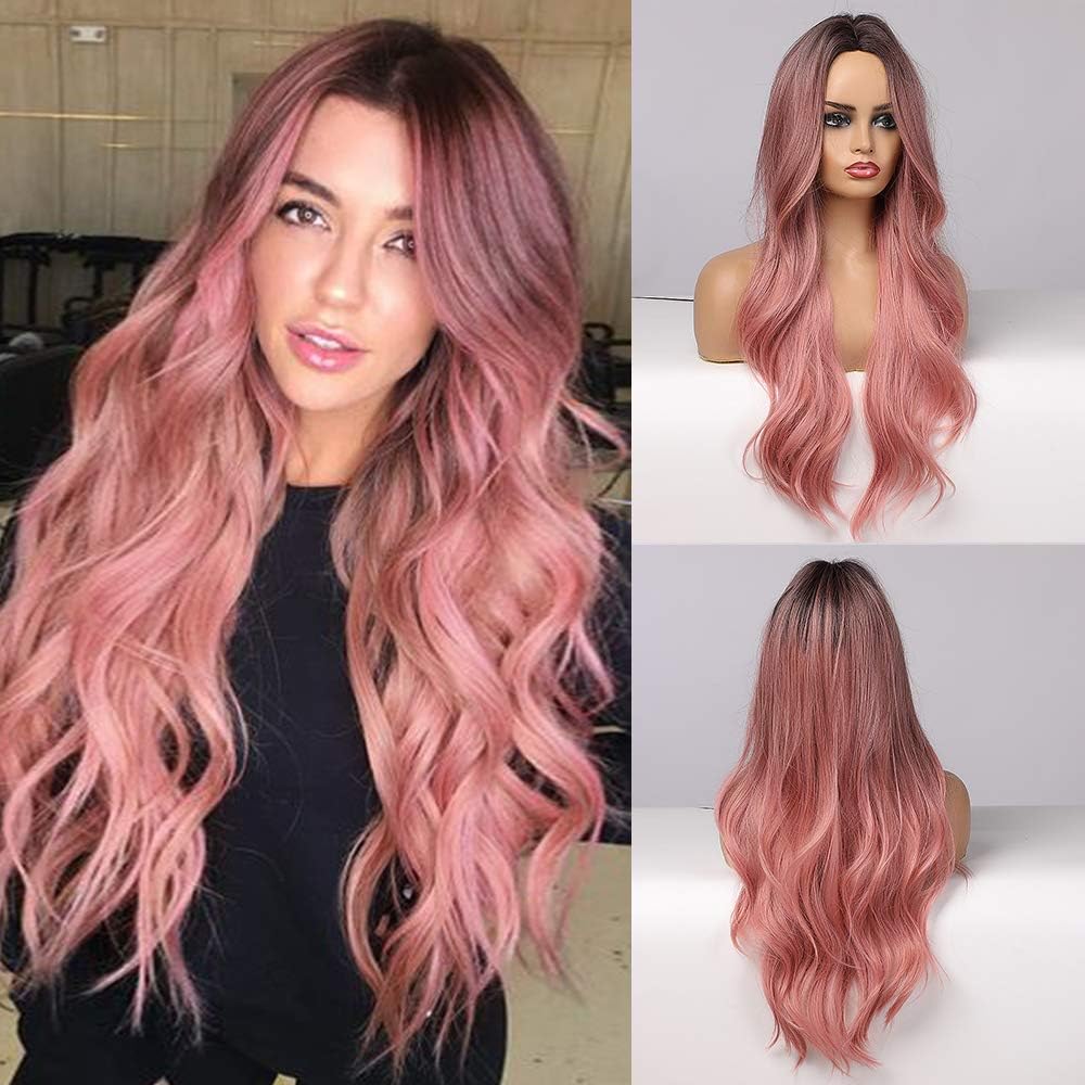 EMMOR Long Pink Wig for Women Natural Synthetic Hair Dark Root Middle