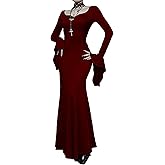 TSMNZMU Gothic Maxi Dresses for Women Dark Style Slim Long Dresses Long Flare Sleeve V-Neck Vintage Evening Dress