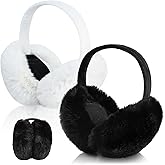 WVD 2 Pcs Earmuffs, Foldable Winter Warm Korean Style Ear Muffs for Women Men, Cute Faux Fur Thick Plush Ear Warmers for Cold Weather Outdoor Student Black White