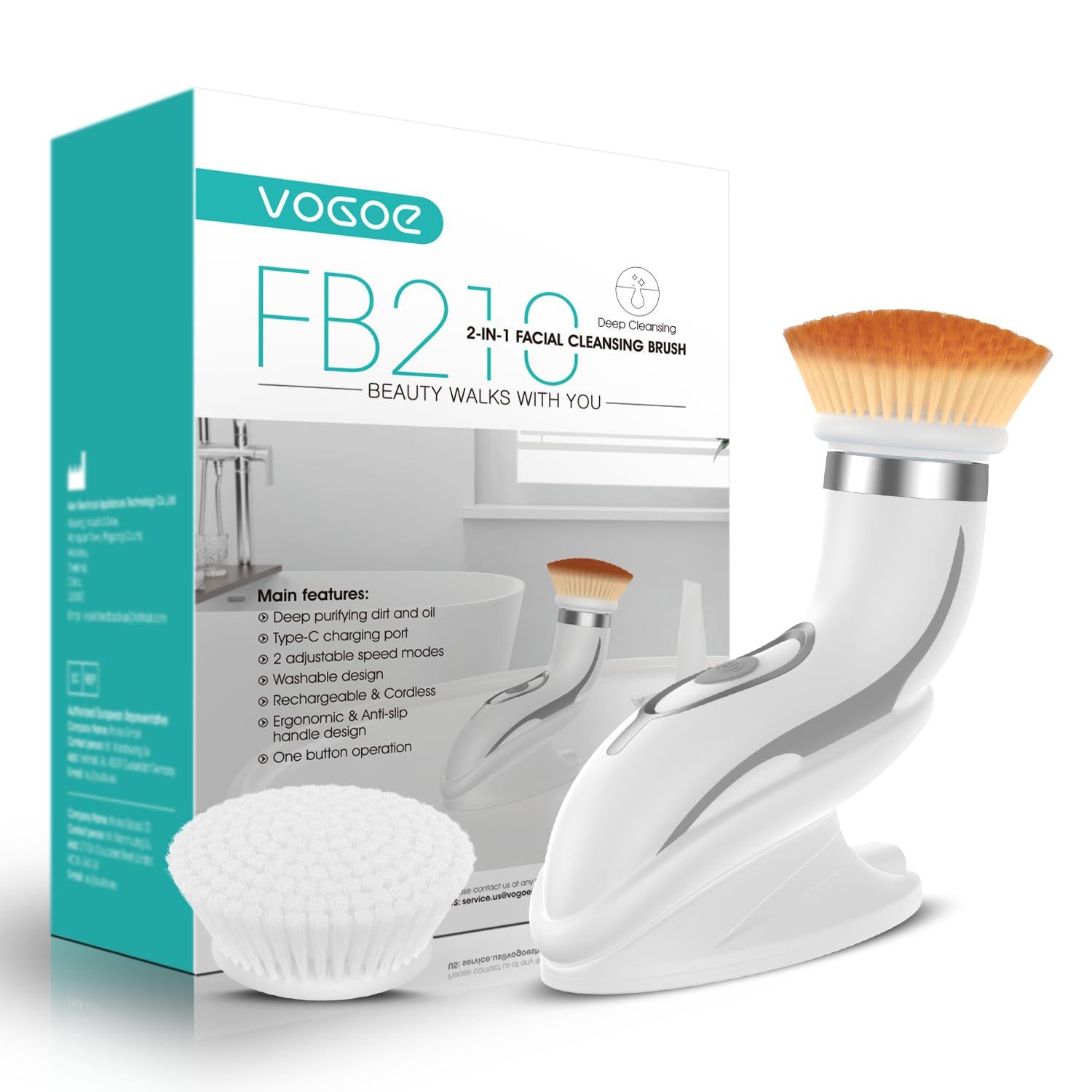 VOGOE Facial Cleansing Brush Electric, Rechargeable Spin Face Brush Waterproof IPX6, Face Wash Brushes with 2 Speeds and 2 Brushes for Deep Cleansing and Gentle Exfoliation FB210 Grey