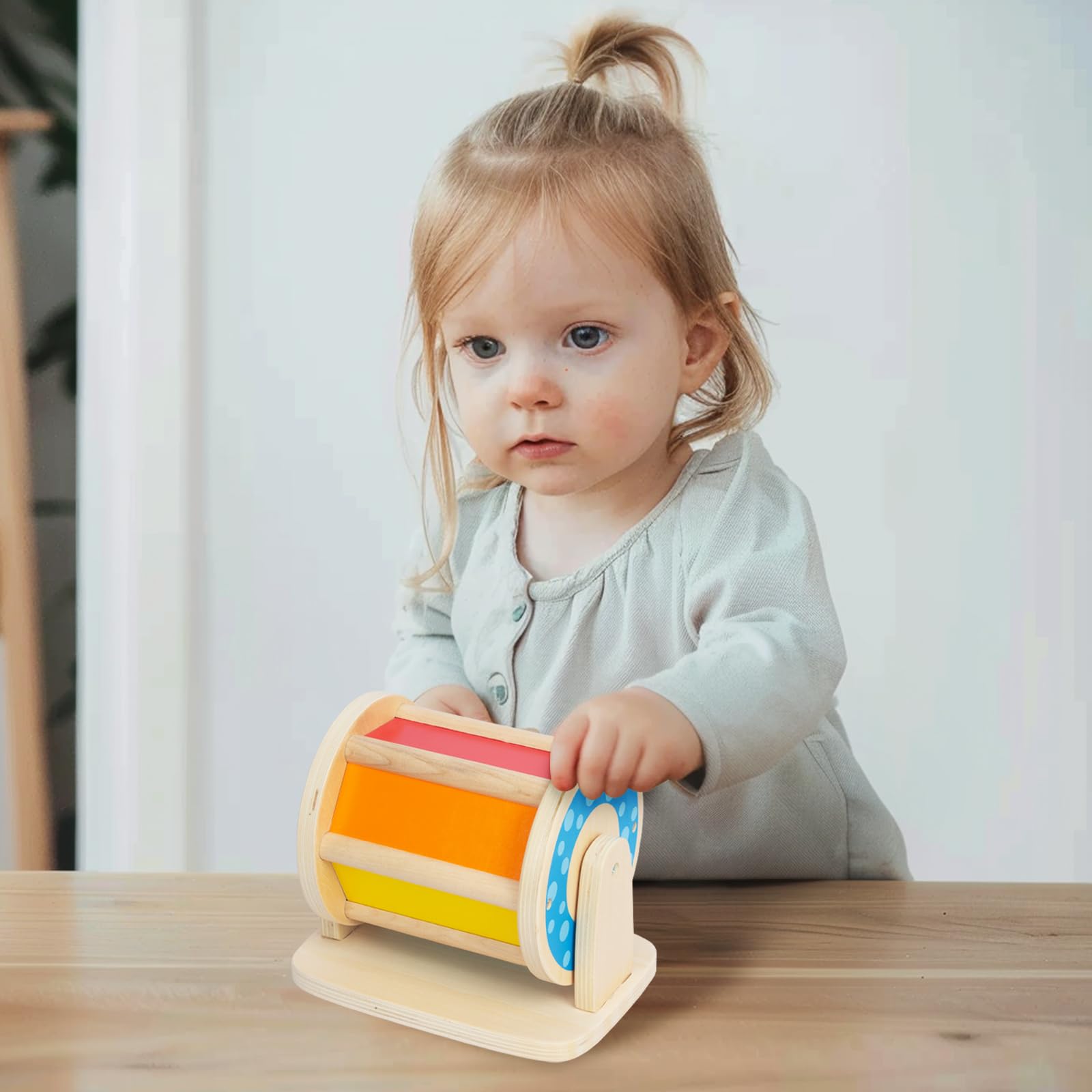 Montessori Spinning Drum Baby Toys, Wooden Tummy Time Mirror Play Kit and Rainbow Fabric Ball Kit Toys for 6-12 Months Toddlers