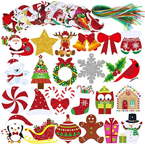 Winlyn 120 Sets Tags Xmas Tree Ornaments Holidays Hang Tags Present Tags 24 Glitter Snowflake Gingerbread Santa Snowman Cutouts with String for Merry Christmas Party Gift Bags Embellishment