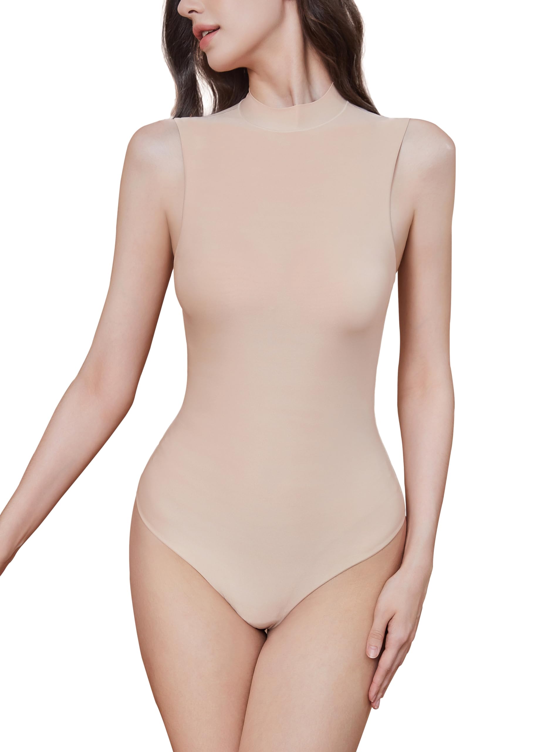 Photo 1 of Luna & Sun Women Mock Turtle Neck Sexy Bodysuits Sleeveless Tank Top Jumpsuit Leotard Double Lined Shapewear (Nude, X-Small)