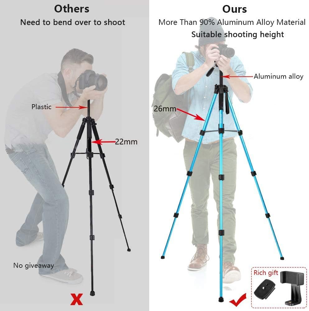 72-Inch Camera/Phone Tripod, Aluminum Tripod/Monopod Full Size for DSLR with 2 Quick Release Plates, Universal Phone Mount and Convenient Carrying Case Ideal for Travel and Work - MH1 Blue : Camera & Photo