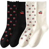 OYOANGLE Women's 4 Pair Cute Cherry Crew Socks Knitted Mid Calf Socks Breathable Casual Sock