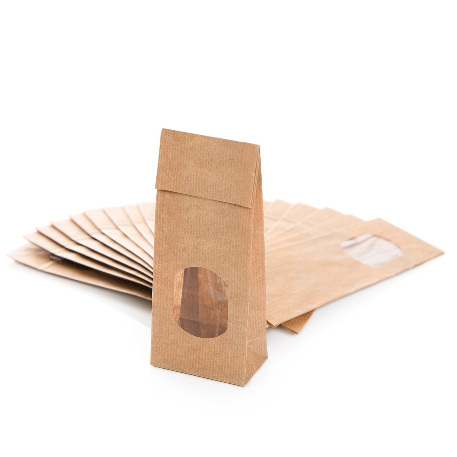 25 x small brown block bottom bags, paper bags with window (7 cm x 4 cm x 20.5 cm) with parchment insert for finely ground and greasy food-safe packaging, for filling craft paper tea bags