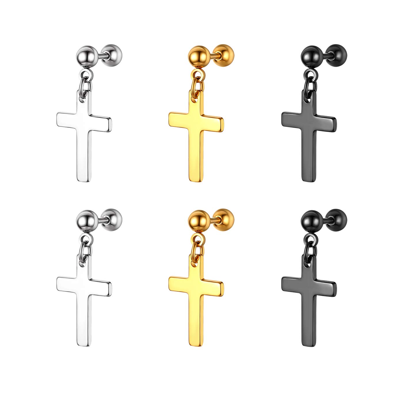 JewelryWe 3 Pairs Men Women's Stud Earrings,Hip Hop Style Cross Dangling Stainless Steel Earrings