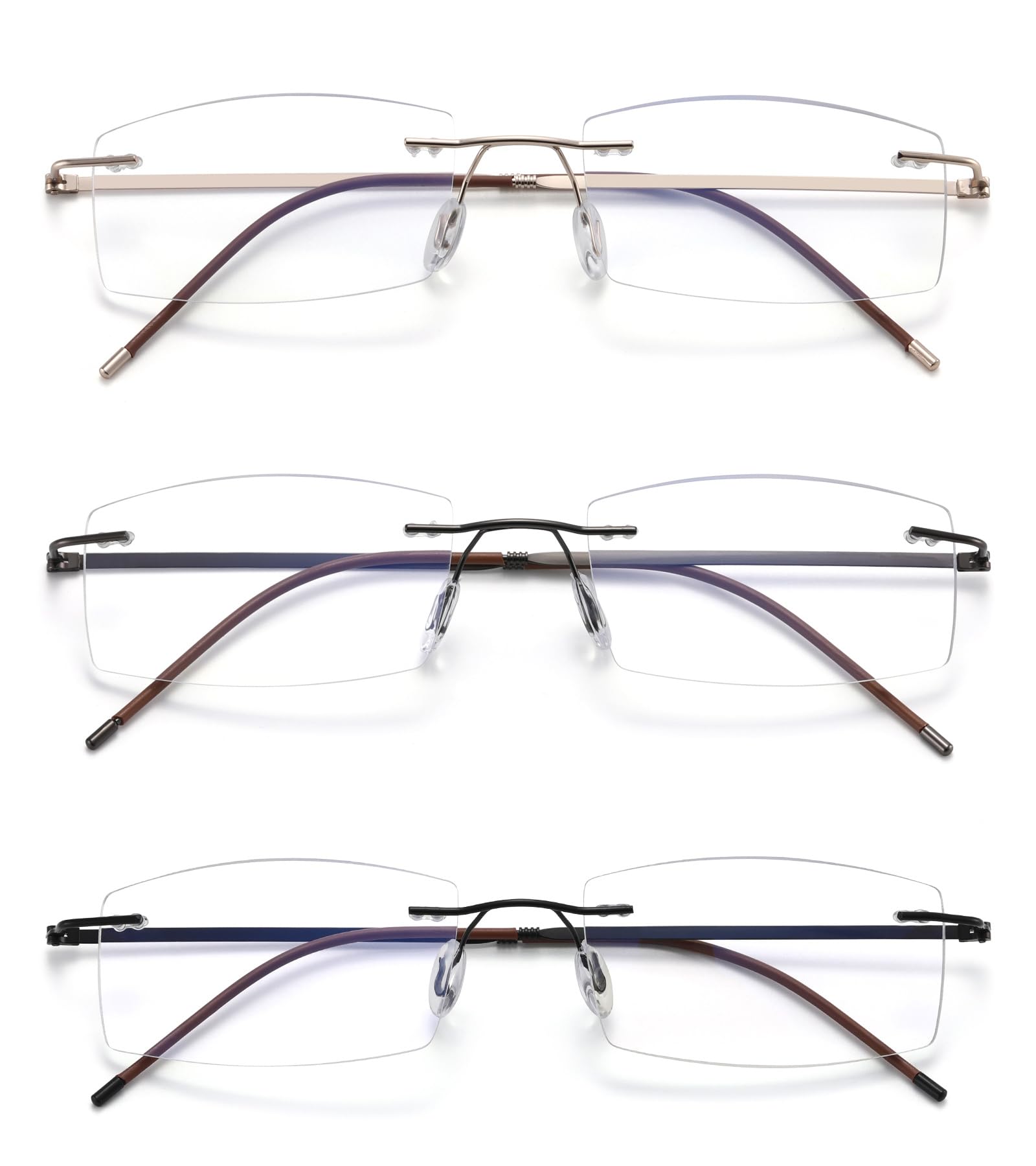ZUVGEES 3 Pack Rimless Blue Light Blocking Reading Glasses for Men and Women Lightweight Computer Readers(3 Pack（Black+Grey+Gold),1.00