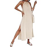 COZYEASE Women's Tie Backless Halter Dresses Sleeveless Split Summer Beach Midi Dress