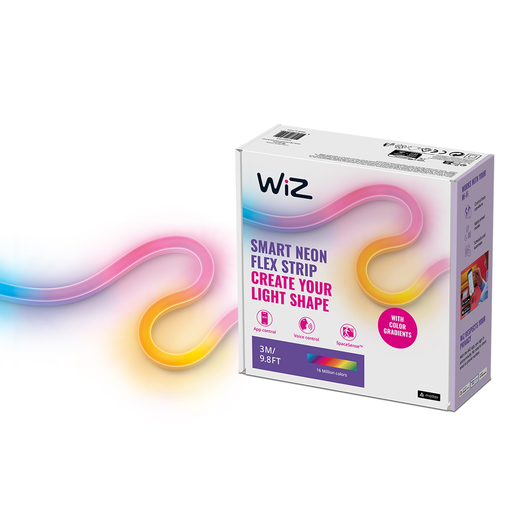 WiZ SMART FLEX STRIP - 3 m, 16 Millionen Farben + Weißschattierungen, dynamische Lichtszenen, verbindet sich mit Ihrem WLAN, Sprach- / App-Steuerung, funktioniert mit Google Home, Alexa und HomeKit.