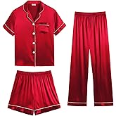SWOMOG Womens Silk Satin Pajama Sets 3Pcs Button Down Pj Set Short Sleeve Sleepwear Loungewear Pjs Nightwear XS-XXL