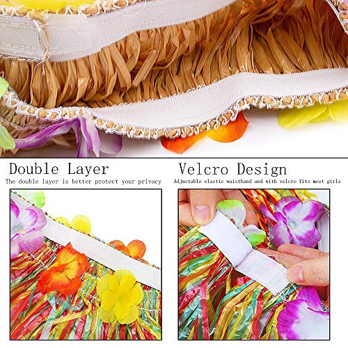 Hula Skirt Hawaiian Grass Skirts with Flower Leis Costume Set Luau Grass and Hawaiian Flower Bracelets, Bra, Headband, Necklace