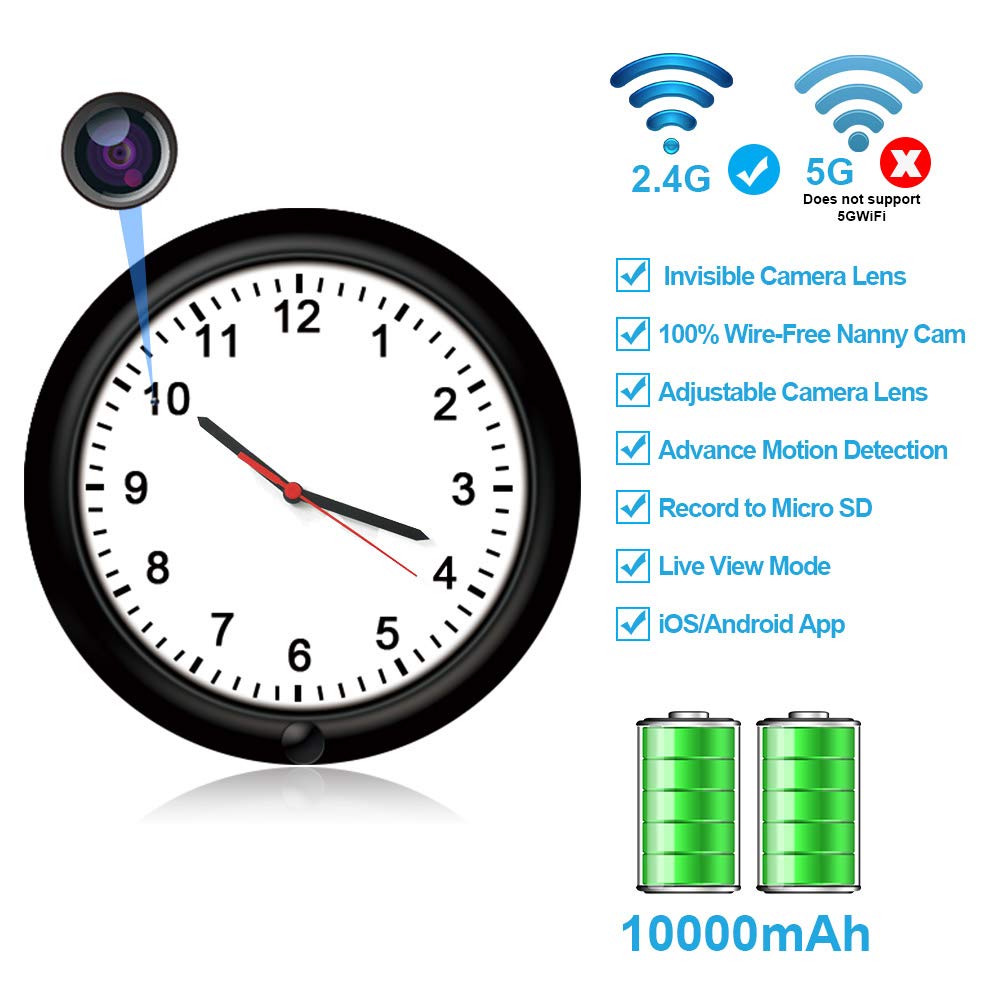 Hidden Camera Motion Activated WiFi Covert Surveillance Wall Clock with