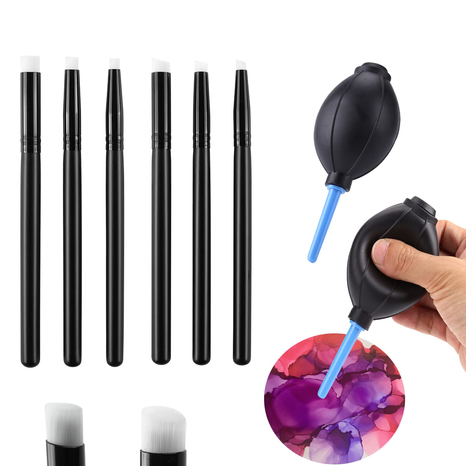 8PCS Mini Ink Paints Brush Blending Tools and Air Blower 2 Kinds of Head Smooth Blending Ink Painting Small Brushes Hand Tools for DIY Scrapbooking Paper Cards MakingEmbossing Painting Rendering