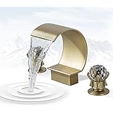 BANGPU Bathroom Sink Faucet 3 Hole Widespread Waterfall Bathroom Faucets with Crystals Handles Basin Mixer Tap 8-Inch High Arc Vanity Faucet with Supply Hose, Brushed Gold