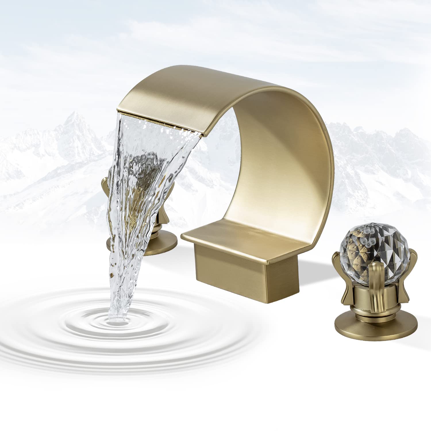 Photo 1 of BANGPU Bathroom Sink Faucet 3 Hole Widespread Waterfall Bathroom Faucets with Crystals Handles Basin Mixer Tap 8-Inch High Arc Vanity Faucet with Supply Hose, Brushed Gold