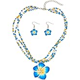 Bestleey Layers Pumeria Rubra Necklace Earrings Set for Women Boho Colorful Beaded Necklace Hawaiian Flowers Dangle Earrings Necklaces Beach Vacation Party Jewelry Set