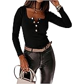 RoseSeek Women's Scoop Neck Button Down Henley T Shirts Long Sleeve Ribbed Knit Fitted Tee Tops