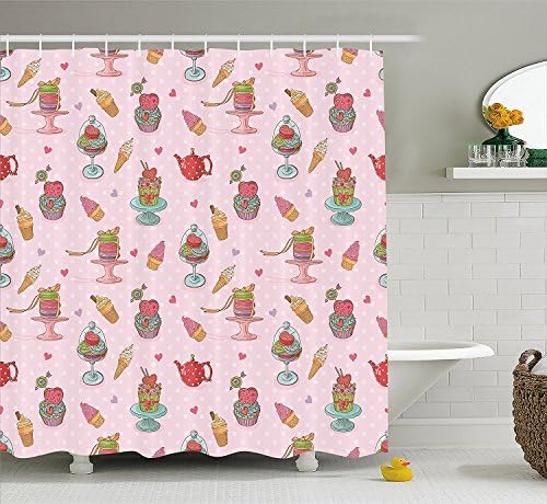 Mirryderr Ice Cream Decor Shower Curtain, Retro Cupcakes Teapots Candies Cookies on Polka Dots Vintage Kitchen Print, Fabric Bathroom Decor Set with Hooks, Multicolor