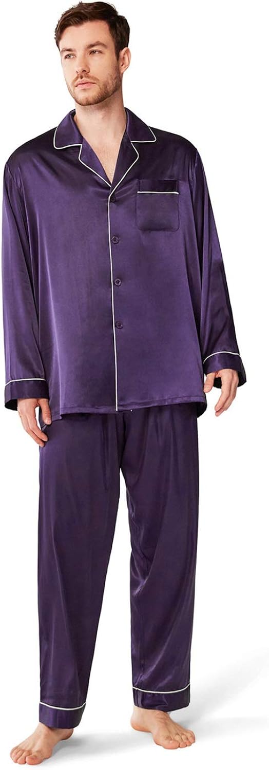 SIORO Mens Pyjamas Silky Satin Pajama Sets Long Sleeve Button Down