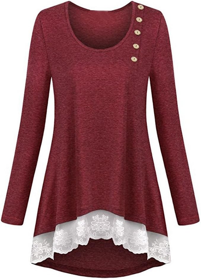 OYSOHE Womens Lace Pure Color Long Sleeve T-Shirts Casual Loose Tops Tunic Blouse