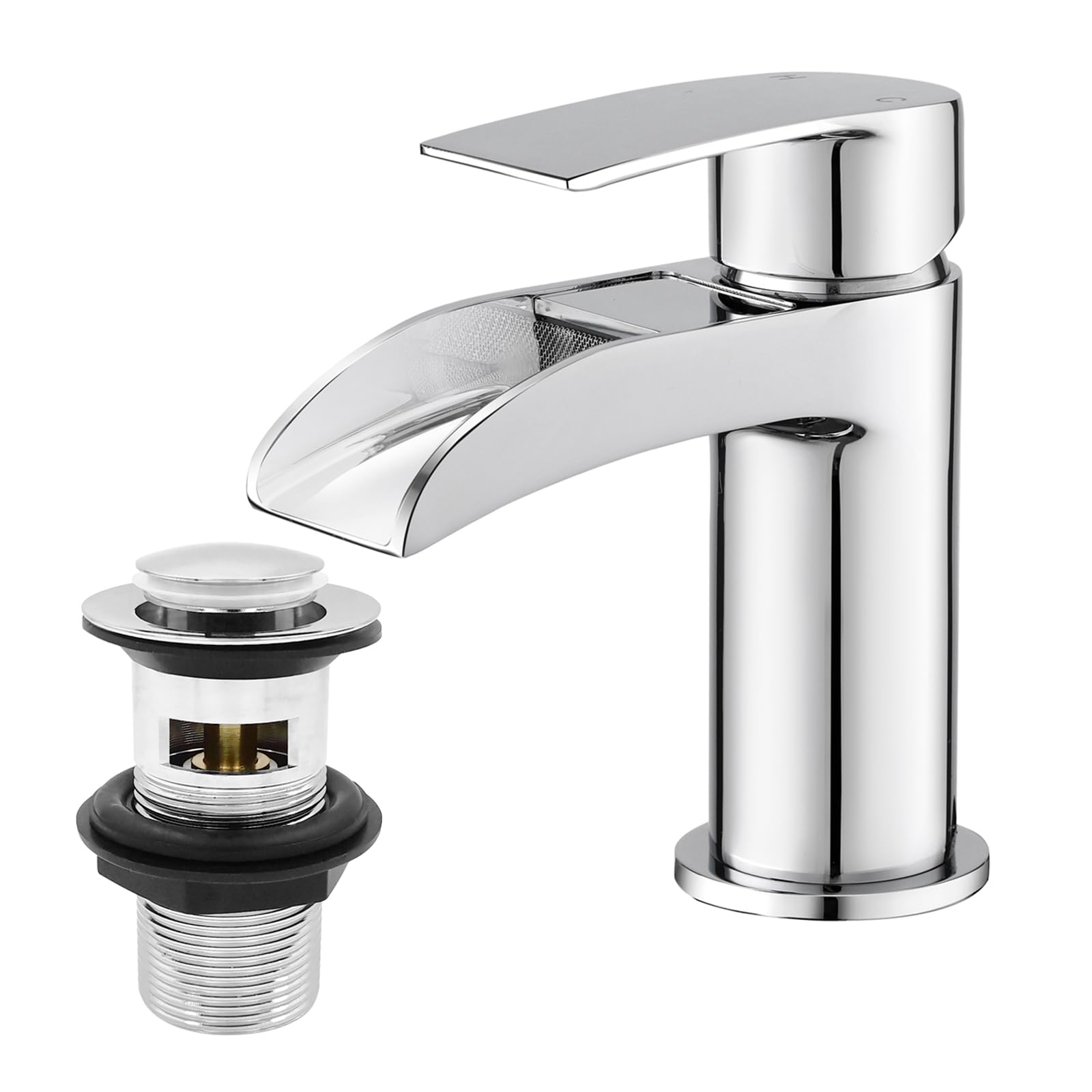 Basin Taps with Waste, BATHWEST Waterfall Basin Tap Monobloc Chromed Brass Bathroom Sink Taps with Sink Plug 112N