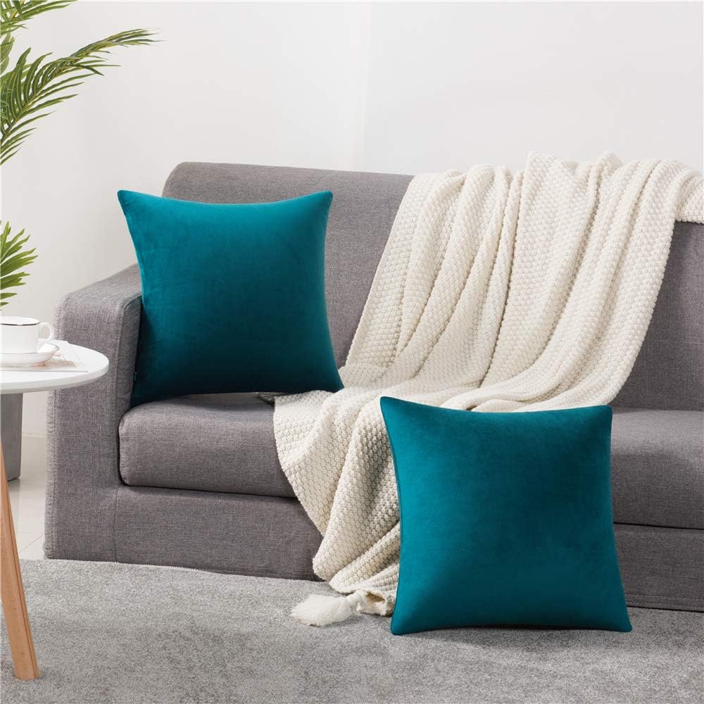 DEZENE Throw Pillow Cases 18x18 Teal: 2 Pack Cozy Soft Velvet Square Decorative Pillow Covers for Farmhouse Home Decor: Home & Kitchen