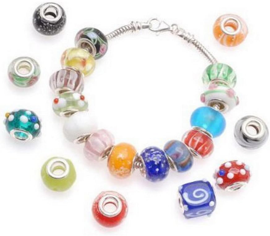 Mujeres Divinas 100pc Lot Silver Lampwork Murano Glass European Mix Beads to Fit Pandora Style Charm Bracelets-Lampwork Murano