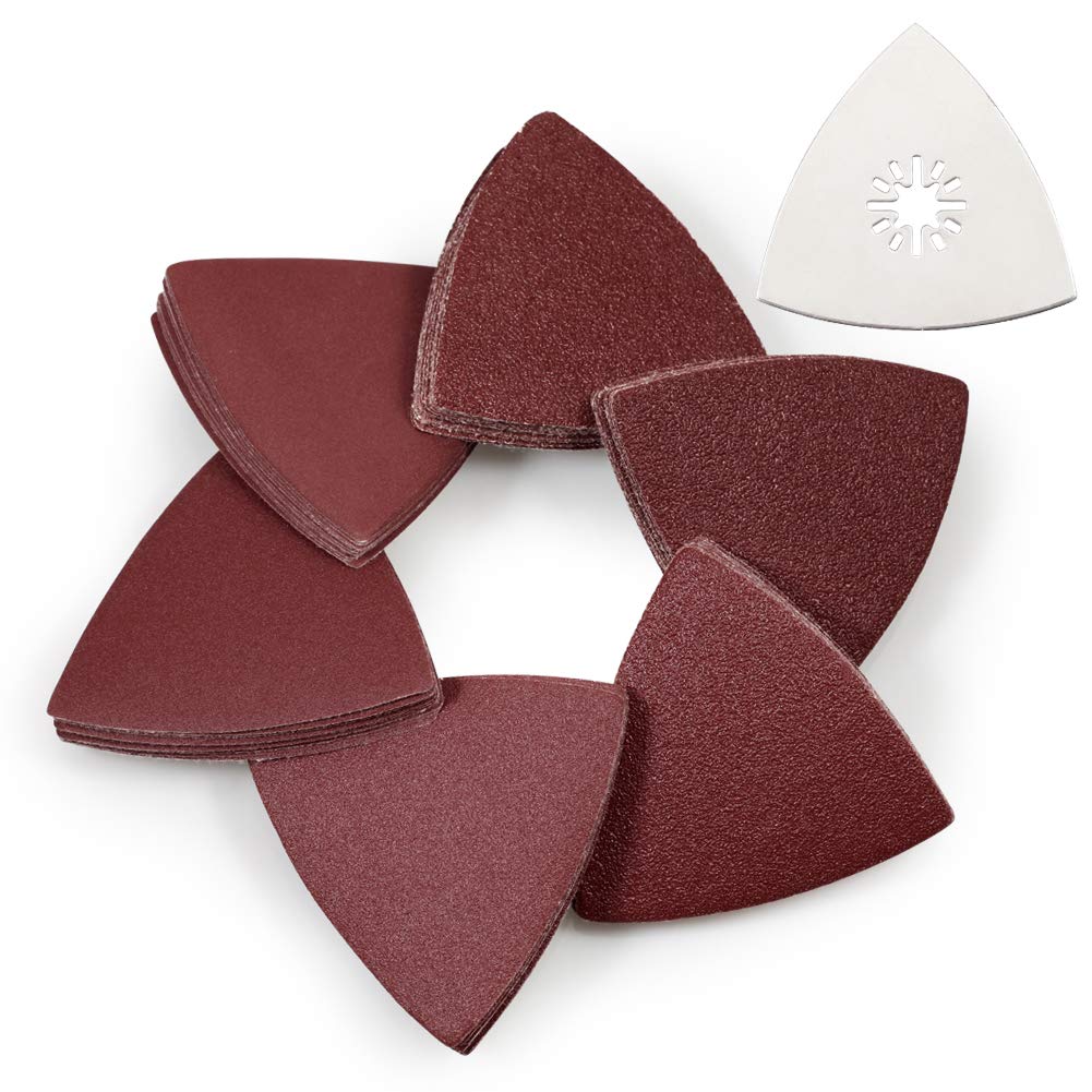 SPEEDWOX 61 Pcs 3-1/8 Inches 80mm Triangle Hook and Loop Sanding Discs with Stainless Steel Oscillating Sanding Pad Assorted 40/60/80/120/180/240 Grits Detail Sander Sandpaper
