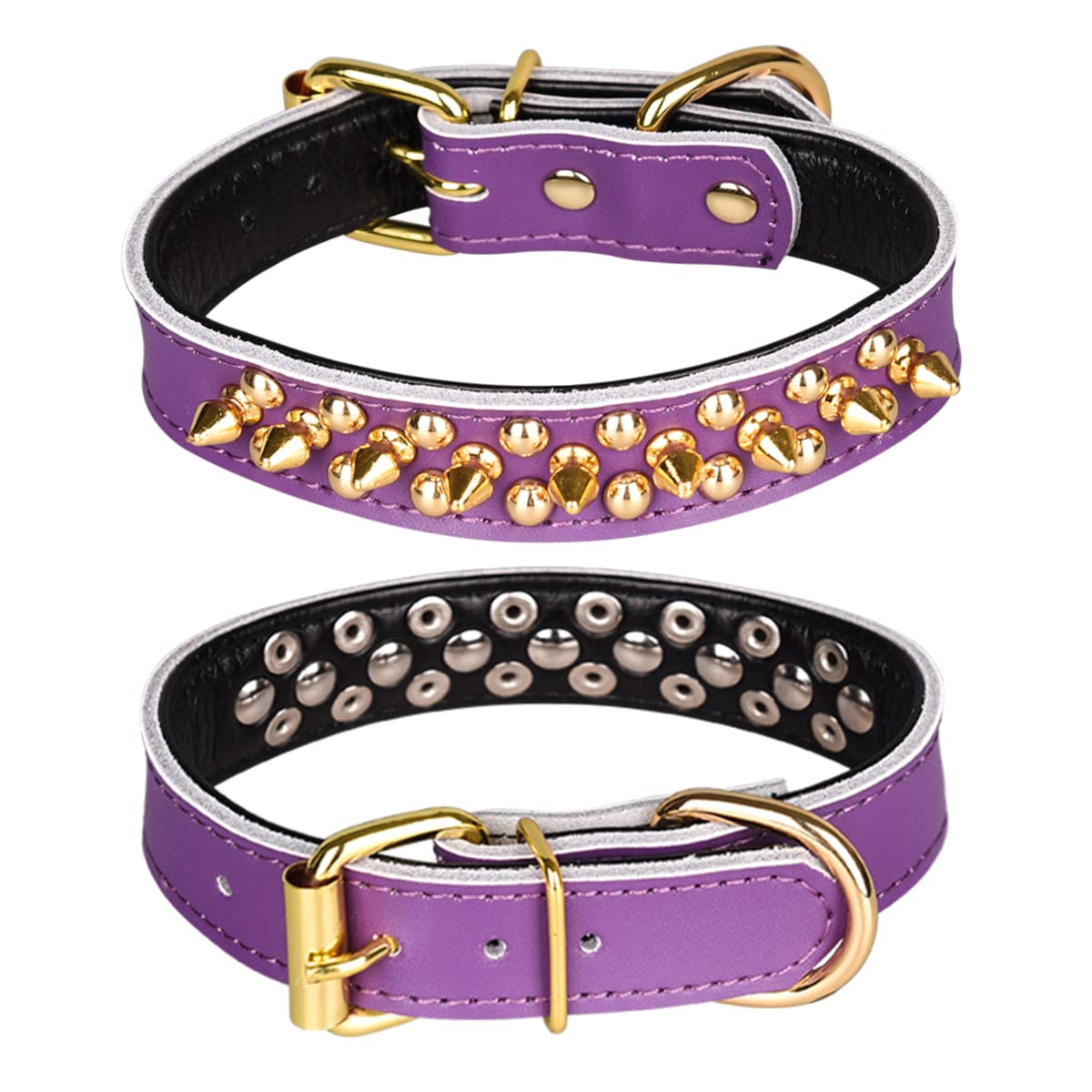 haoyueer Spiked Studded Dog Collar, Genuine Leather Dog Collar, Adjustable Pet Collars for Medium Large Bulldog Pitbull Mastiff Poodle Boxer (L, Purple)