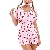 ABAFIP Women's Pajama Jumpsuit Cute Prints Button V Neck Short Sleeve Romper Shorts Sexy One Piece Sleepwear