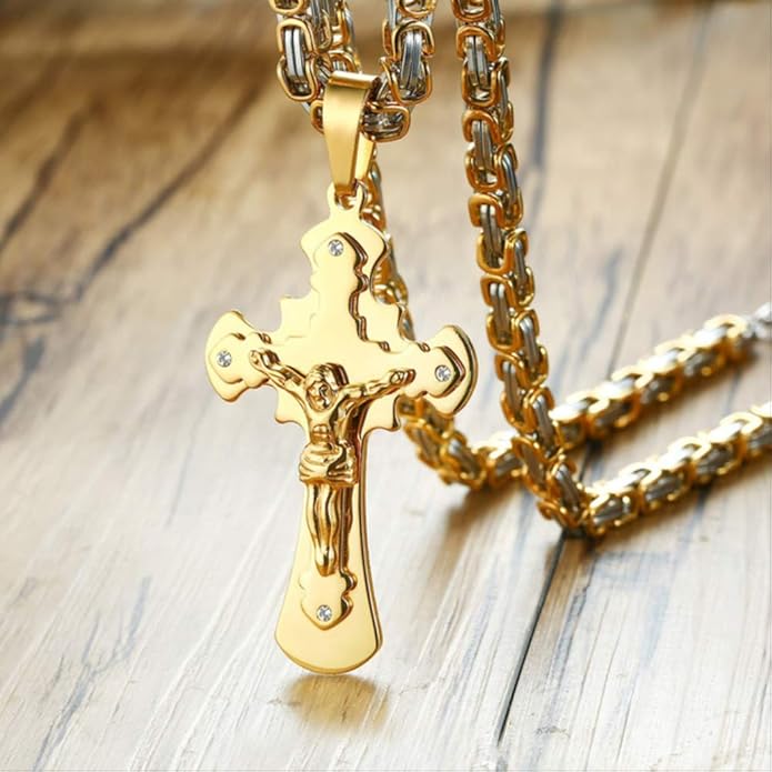 Cross Necklace For Men Byzantine Gold Silver Stainless Steel Chain