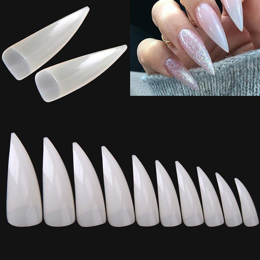 Amazon Com Beuniar 600pcs Stiletto Nail Tips Acrylic Natural Long Shape Half Cover False Artificial Nails 10 Sizes For Art Salons Home Diy Beauty