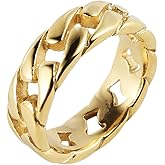 HZMAN Mens Stainless Steel 7mm Wide Band Cuban Link Chain Ring, Silver Gold Black