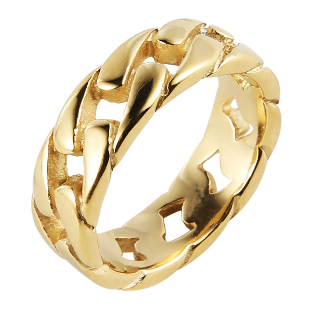 HZMAN Anillo de cadena de eslabones cubanos de banda ancha de acero inoxidable para hombre de 7 mm, plata, oro y negro