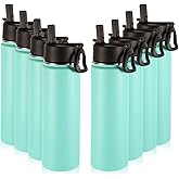Volhoply Insulated Water Bottles with Straw Bulk 8 Pack, 22 oz Stainless Steel Sports Bottle with Handle Lid, Vacuum Metal Travel Water Cups with Wide Mouth, Reusable Cold Water Flask(Mint,8 Set)