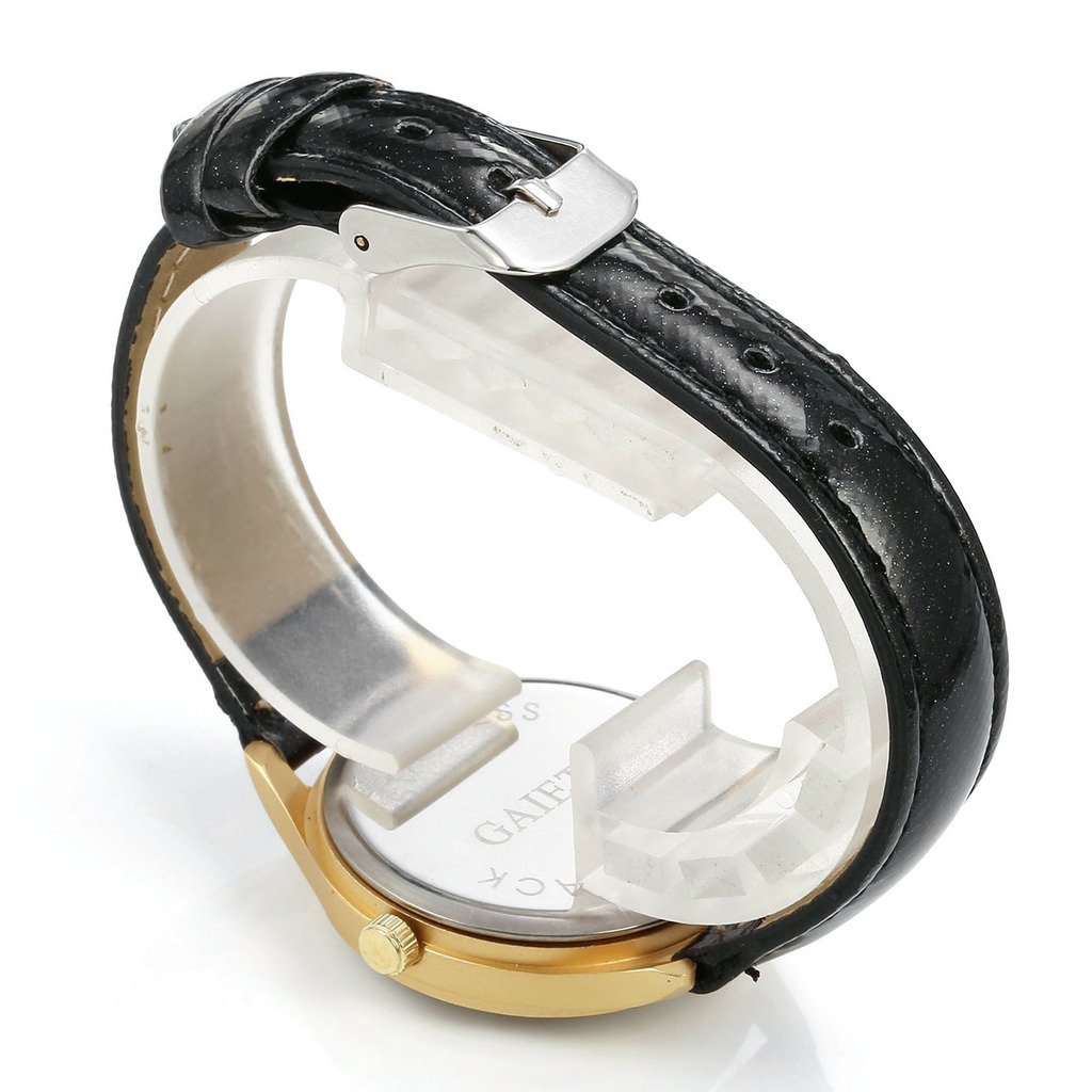 JSDDE Femme Montre à Quartz Bracelet PU Motif Fleur Boîtier en Alliage de Couleur Or Montre Bracelet Fil de Suture Montre Etanche Noir