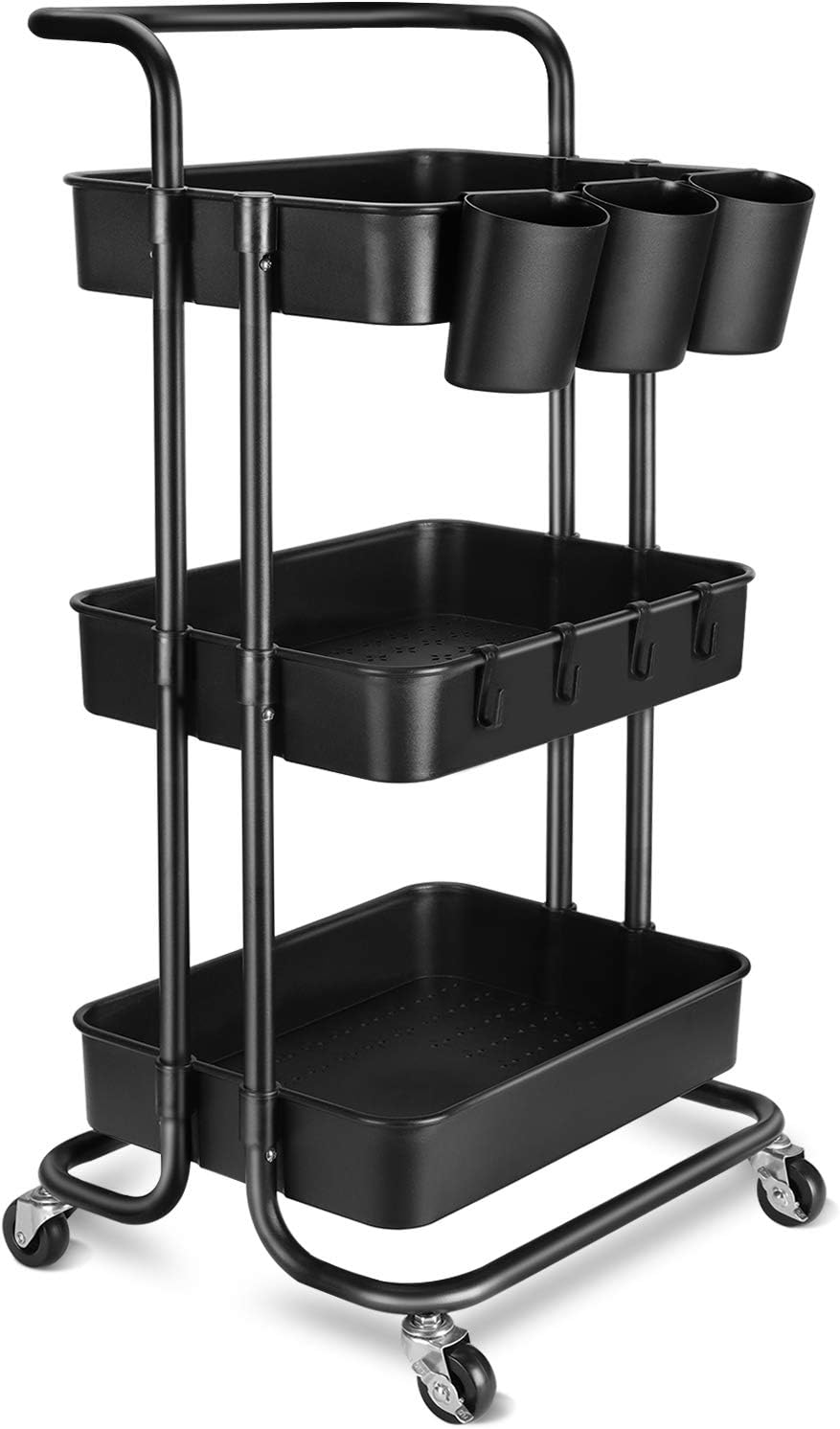 3-Tier Rolling Mobile Utility Cart with Hanging Cups & Hooks & Handle Multifunctional Organizer Storage Trolley Service Cart with Wheels Easy Assembly for Office, Bathroom, Kitchen (Black)