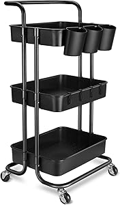 3-Tier Rolling Mobile Utility Cart with Hanging Cups & Hooks & Handle Multifunctional Organizer Storage Trolley Service Cart with Wheels Easy Assembly for Office, Bathroom, Kitchen (Black)