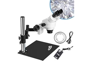 DZQ Stereo Microscope 7X-45X Magnification, Jewelry Microscope 0X/0.5X/2.0X Objective Lenses, Micro Inlaid Mirror WF10X Eyepieces, Articulating Arm Stand with Base Plate, 60-Bulb LED Ring Light(ZQ-2)
